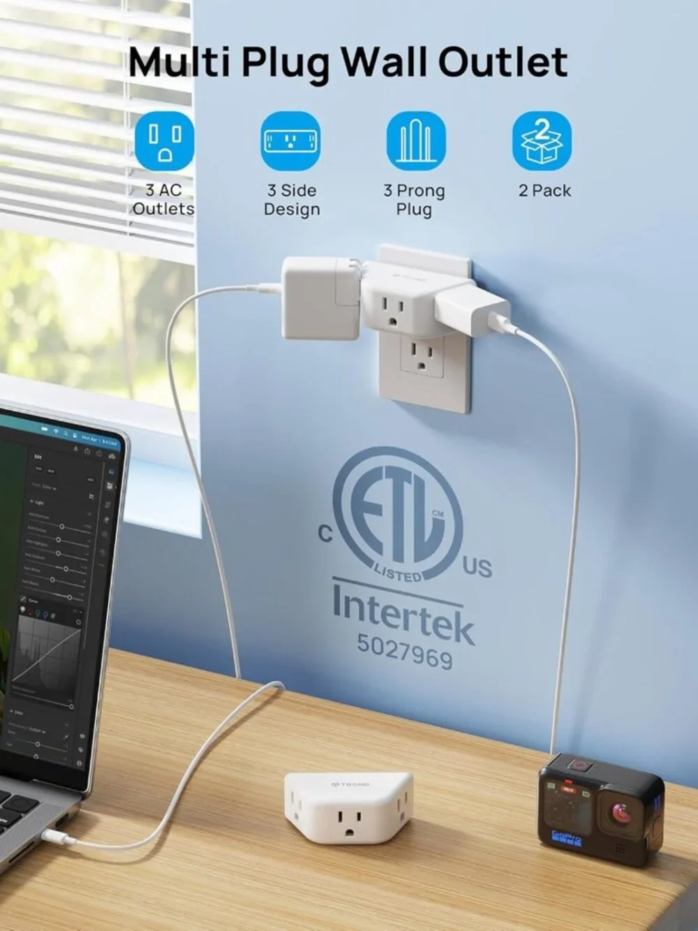 Multi Plug Outlet Extender 2 Pack - 3 Way Angled Wall Adapter for Home & Travel